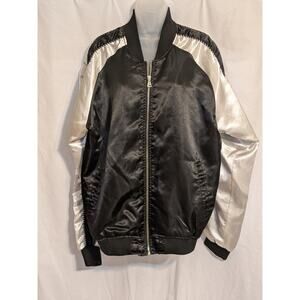 WT02 Men's Black and White Satin Streetwear Sports Bomber Jacket Sz XL